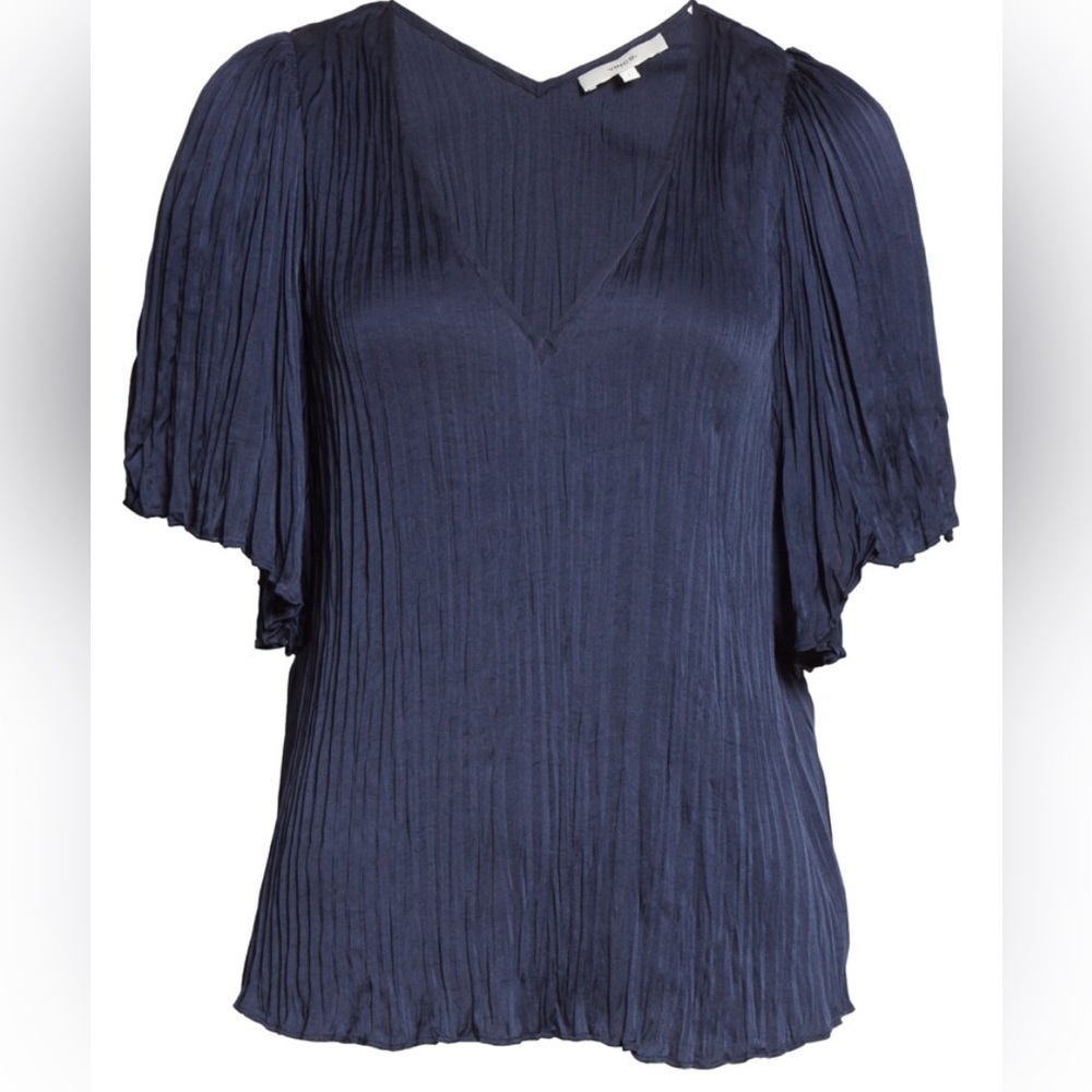 Vince Flutter Sleeve Crushed Satin Top size large Navy - Picture 2 of 14